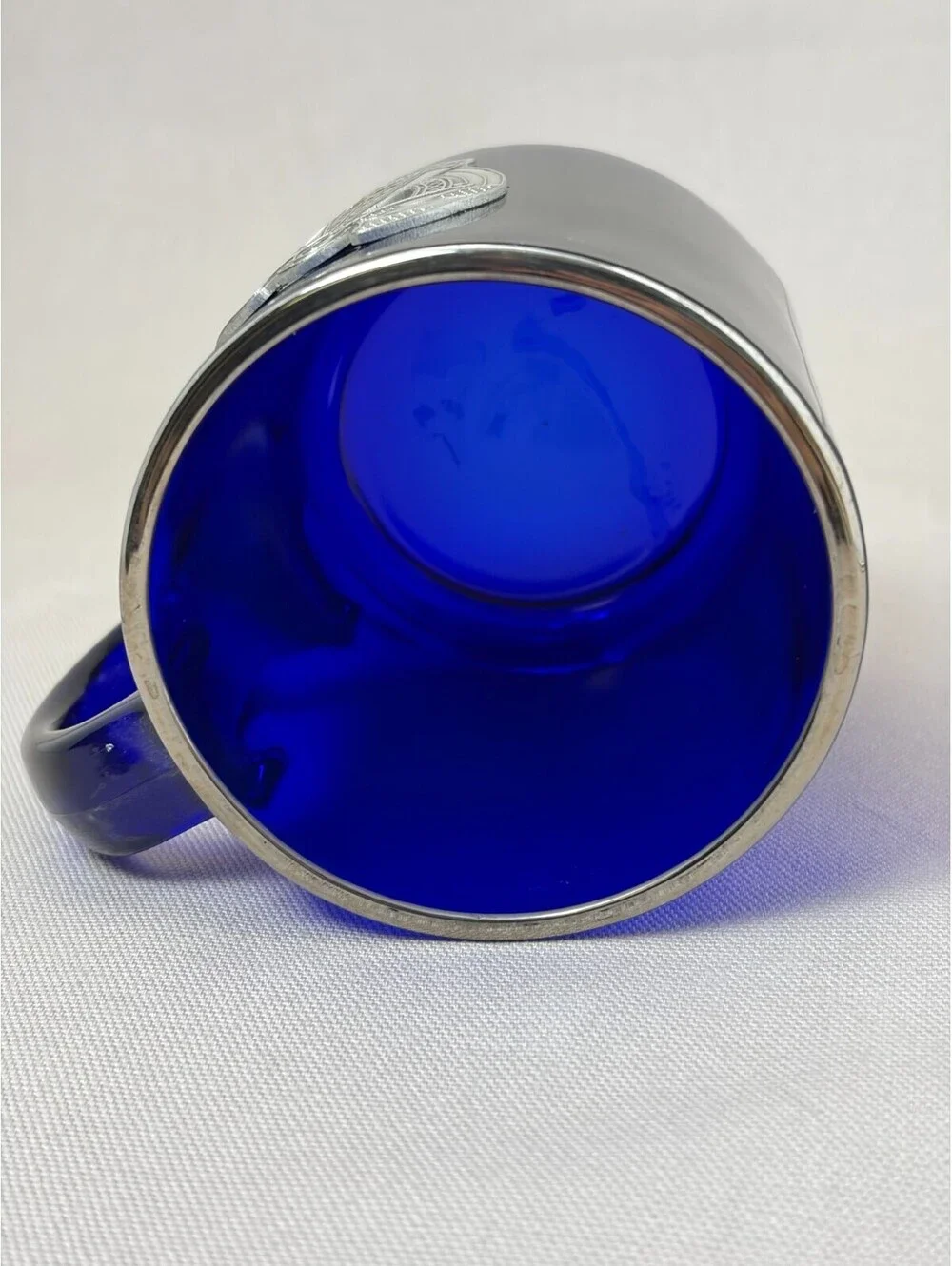Vintage Cobalt Blue Glass Coffee Mug Pewter Guardian Angel Silver Rim Made in US